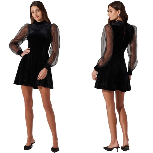 NEW ASTR Black VELVET High Neck SHEER Puff Sleeve COCKTAIL Mini DRESS S - Picture 3 of 16
